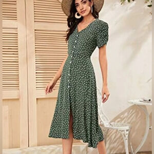 SHEIN Green Floral Short Sleeve Button A-line MIDI Dress size Small